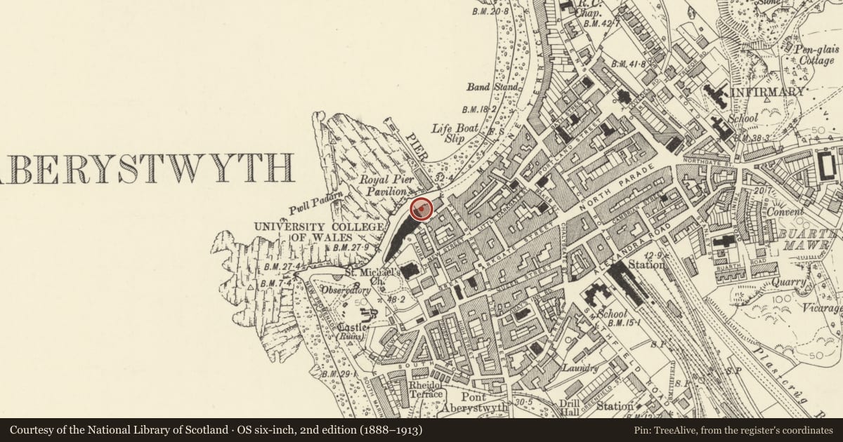 Ordnance Survey six-inch map, 2nd edition (1888–1913) covering the location of University of Aberystwyth Overseas Unit, Ceredigion, with a pin at the register's coordinates