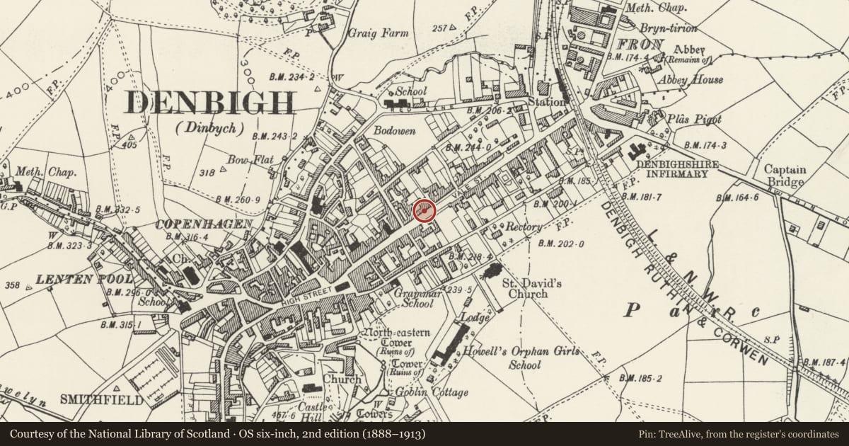Ordnance Survey six-inch map, 2nd edition (1888–1913) covering the location of 55 Vale Street, Denbigh, Denbighshire, with a pin at the register's coordinates