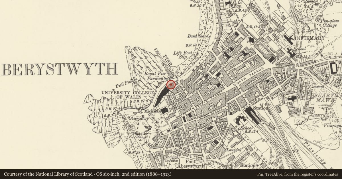 Ordnance Survey six-inch map, 2nd edition (1888–1913) covering the location of University of Aberystwyth, Student Health Centre, Ceredigion, with a pin at the register's coordinates