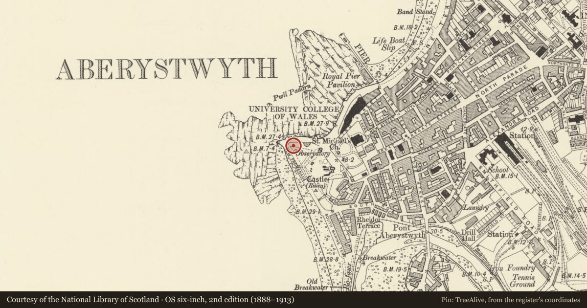 Ordnance Survey six-inch map, 2nd edition (1888–1913) covering the location of War Memorial, Aberystwyth, Ceredigion, with a pin at the register's coordinates
