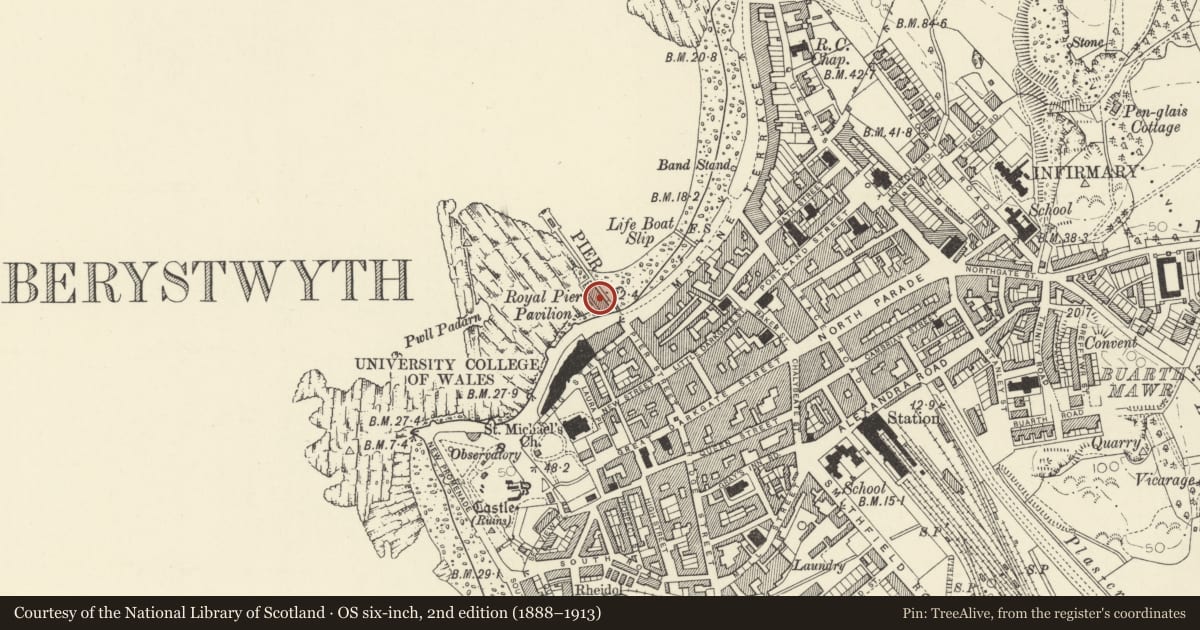 Ordnance Survey six-inch map, 2nd edition (1888–1913) covering the location of Pier & Pavilion, Aberystwyth, Ceredigion, with a pin at the register's coordinates