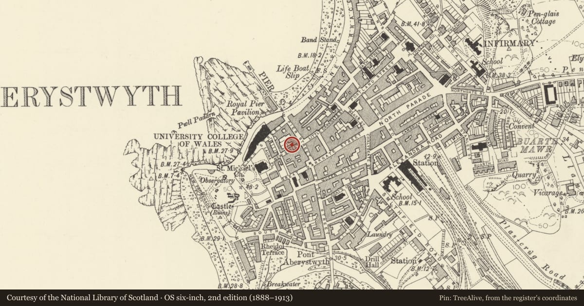 Ordnance Survey six-inch map, 2nd edition (1888–1913) covering the location of 3 New Street, Aberystwyth, Ceredigion, with a pin at the register's coordinates