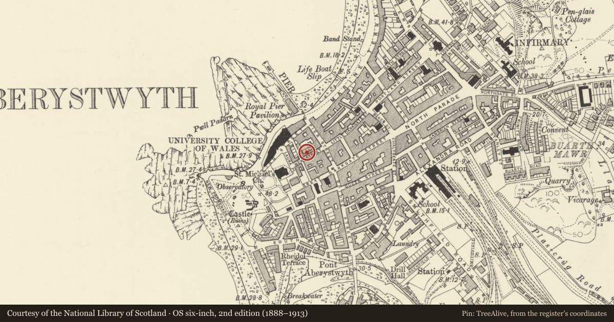Ordnance Survey six-inch map, 2nd edition (1888–1913) covering the location of 9 New Street, Aberystwyth, Ceredigion, with a pin at the register's coordinates