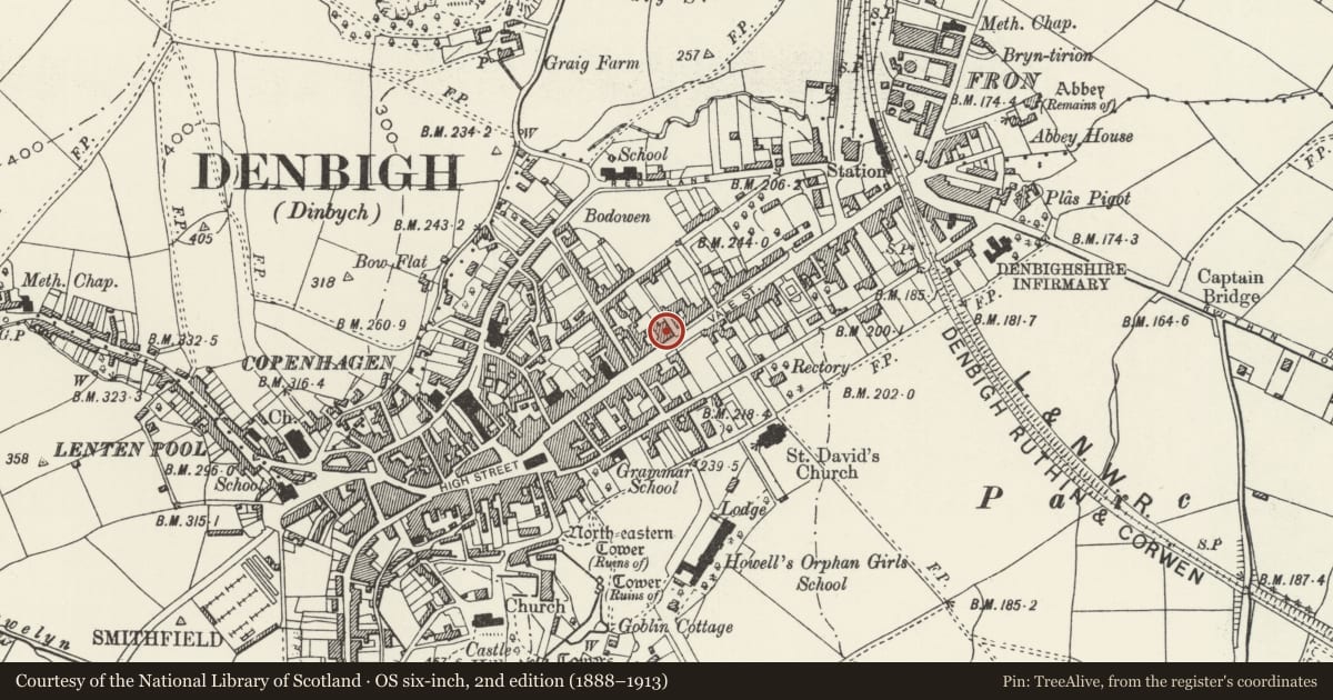 Ordnance Survey six-inch map, 2nd edition (1888–1913) covering the location of 57 Vale Street, Denbigh, Denbighshire, with a pin at the register's coordinates