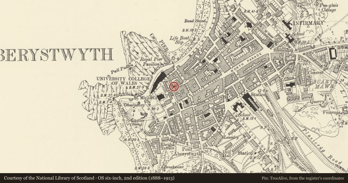 Ordnance Survey six-inch map, 2nd edition (1888–1913) covering the location of 11 New Street, Aberystwyth, Ceredigion, with a pin at the register's coordinates