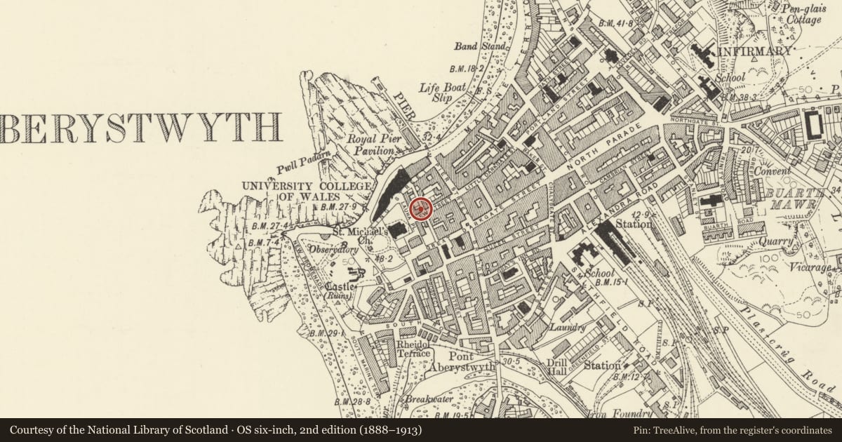 Ordnance Survey six-inch map, 2nd edition (1888–1913) covering the location of The Little Chapel, Aberystwyth, Ceredigion, with a pin at the register's coordinates