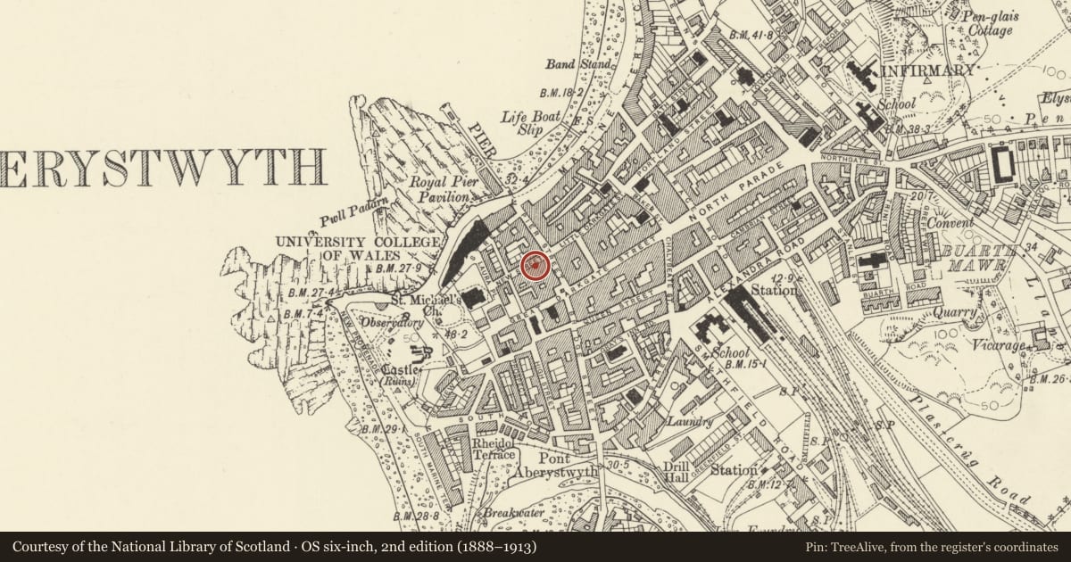 Ordnance Survey six-inch map, 2nd edition (1888–1913) covering the location of 6 New Street, Aberystwyth, Ceredigion, with a pin at the register's coordinates