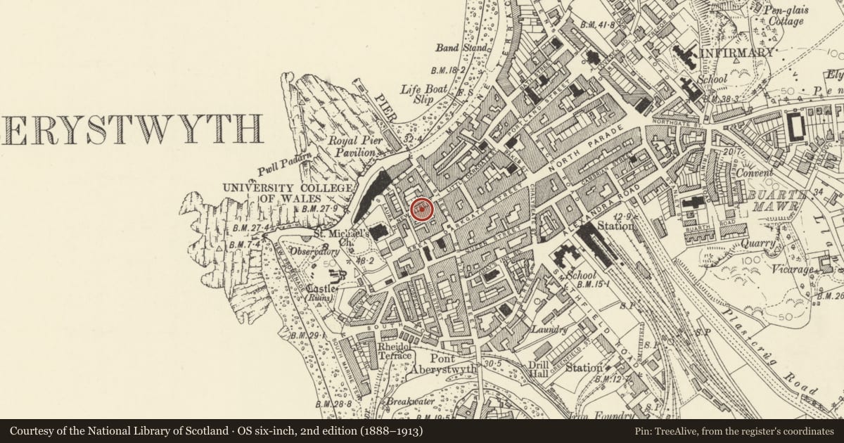 Ordnance Survey six-inch map, 2nd edition (1888–1913) covering the location of 10 New Street, Aberystwyth, Ceredigion, with a pin at the register's coordinates