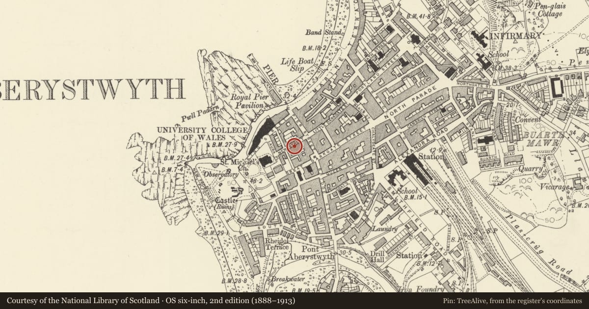 Ordnance Survey six-inch map, 2nd edition (1888–1913) covering the location of 12 New Street, Aberystwyth, Ceredigion, with a pin at the register's coordinates