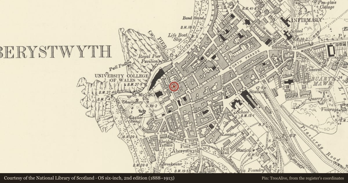 Ordnance Survey six-inch map, 2nd edition (1888–1913) covering the location of 16 New Street, Aberystwyth, Ceredigion, with a pin at the register's coordinates