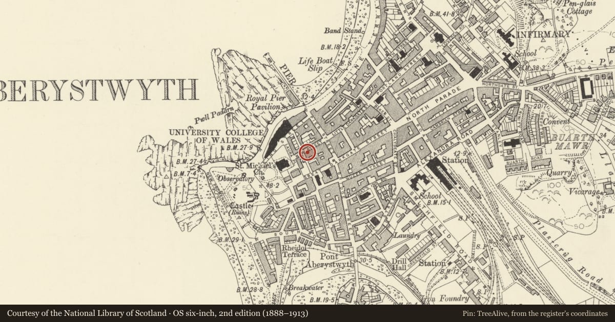 Ordnance Survey six-inch map, 2nd edition (1888–1913) covering the location of 18 New Street, Aberystwyth, Ceredigion, with a pin at the register's coordinates