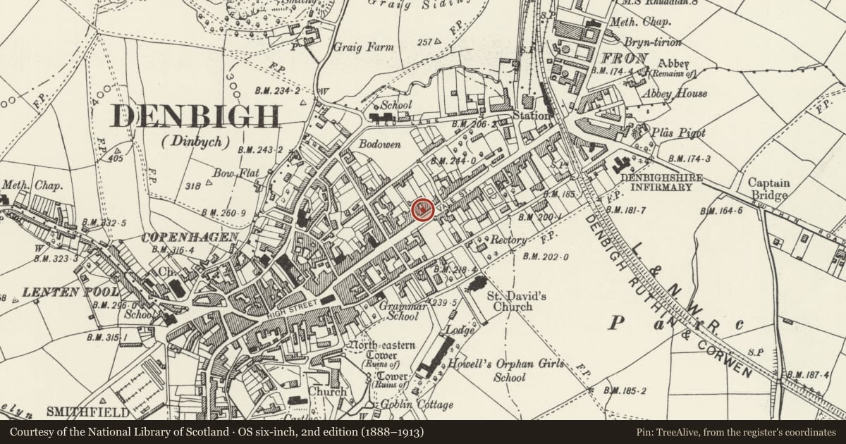 Ordnance Survey six-inch map, 2nd edition (1888–1913) covering the location of Y Gelli (formerly Grove House and also Ty Nant), Denbigh, Denbighshire, with a pin at the register's coordinates
