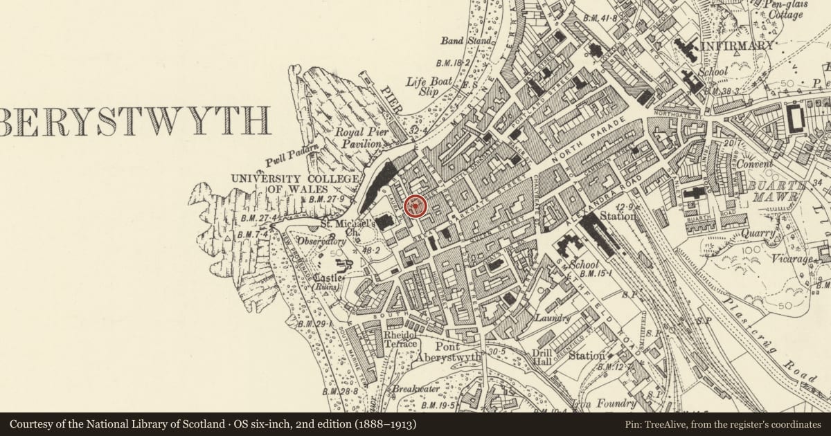 Ordnance Survey six-inch map, 2nd edition (1888–1913) covering the location of 20 New Street, Aberystwyth, Ceredigion, with a pin at the register's coordinates