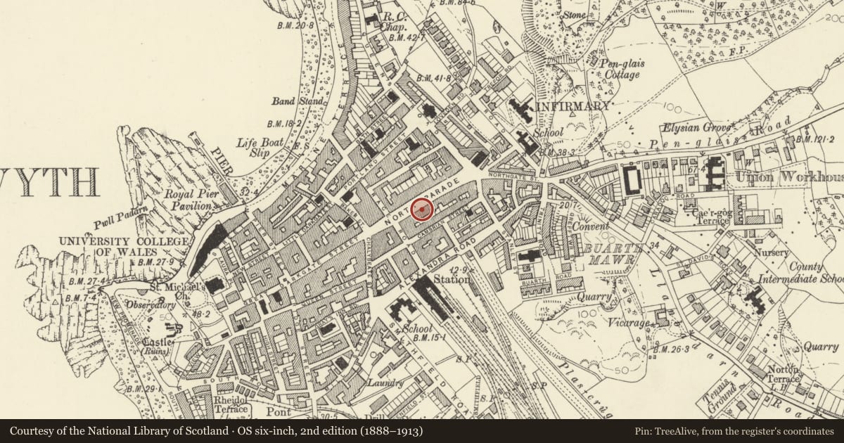 Ordnance Survey six-inch map, 2nd edition (1888–1913) covering the location of 35 North Parade, Aberystwyth, Ceredigion, with a pin at the register's coordinates