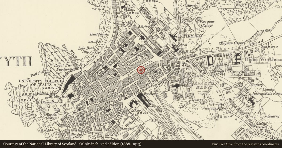 Ordnance Survey six-inch map, 2nd edition (1888–1913) covering the location of 37 North Parade, Aberystwyth, Ceredigion, with a pin at the register's coordinates