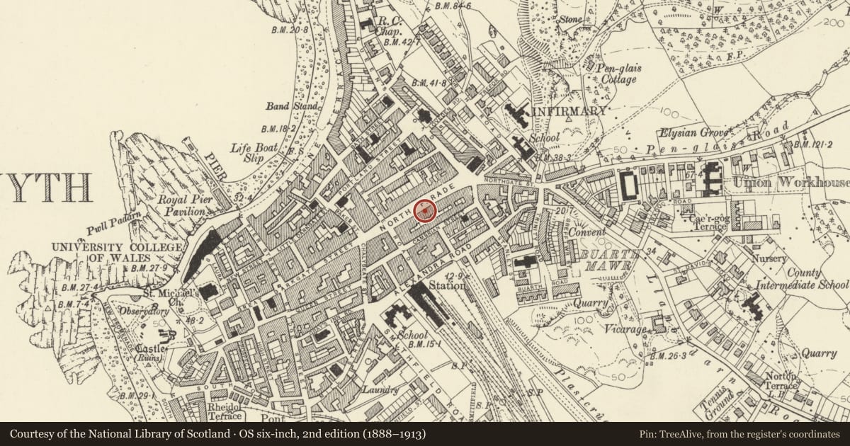 Ordnance Survey six-inch map, 2nd edition (1888–1913) covering the location of 41 North Parade, Aberystwyth, Ceredigion, with a pin at the register's coordinates