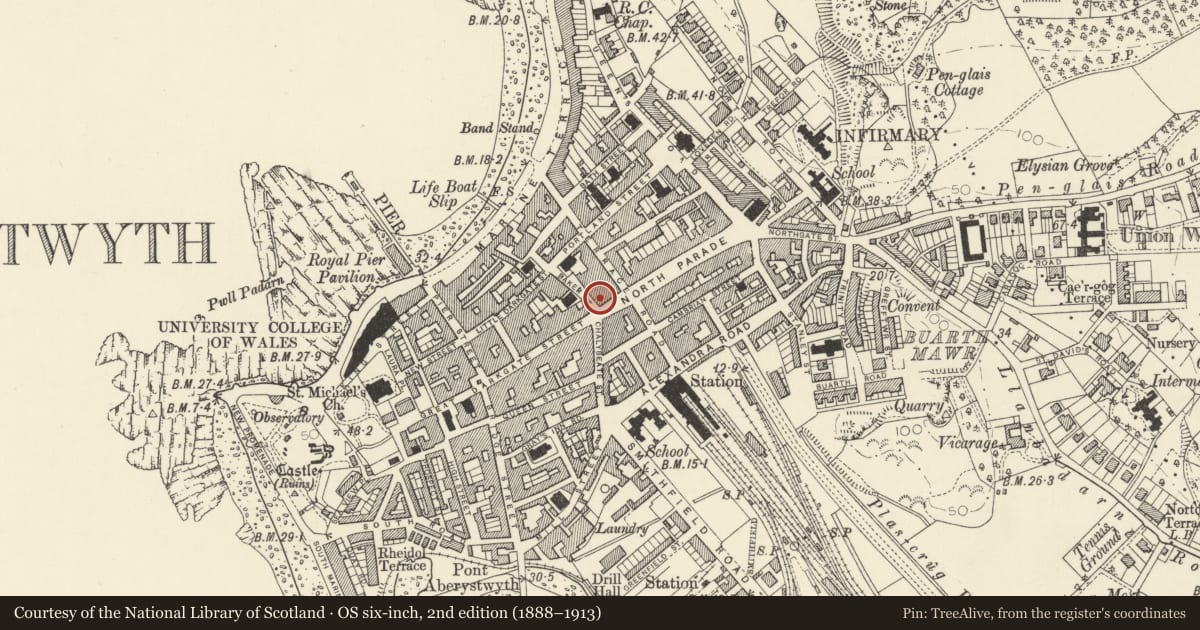 Ordnance Survey six-inch map, 2nd edition (1888–1913) covering the location of National Westminster Bank, Aberystwyth, Ceredigion, with a pin at the register's coordinates