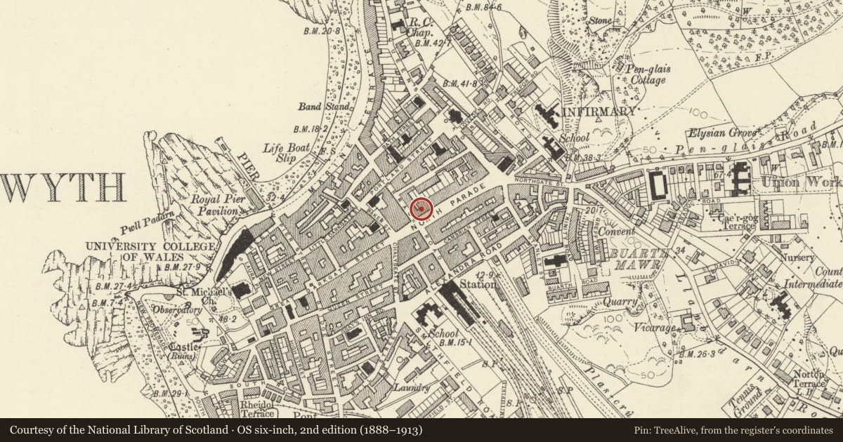 Ordnance Survey six-inch map, 2nd edition (1888–1913) covering the location of 20 North Parade, Aberystwyth, Ceredigion, with a pin at the register's coordinates