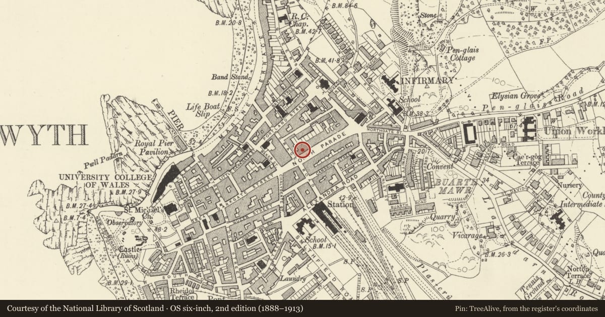 Ordnance Survey six-inch map, 2nd edition (1888–1913) covering the location of 22 North Parade, Aberystwyth, Ceredigion, with a pin at the register's coordinates