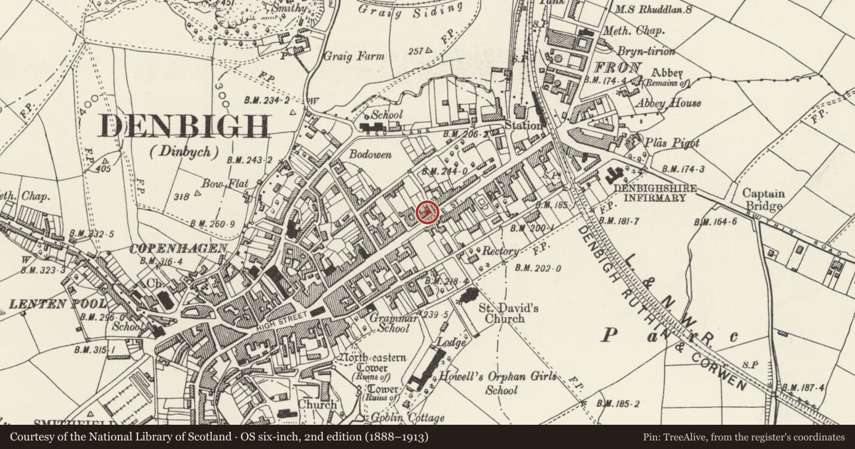 Ordnance Survey six-inch map, 2nd edition (1888–1913) covering the location of The Hollies, Denbigh, Denbighshire, with a pin at the register's coordinates