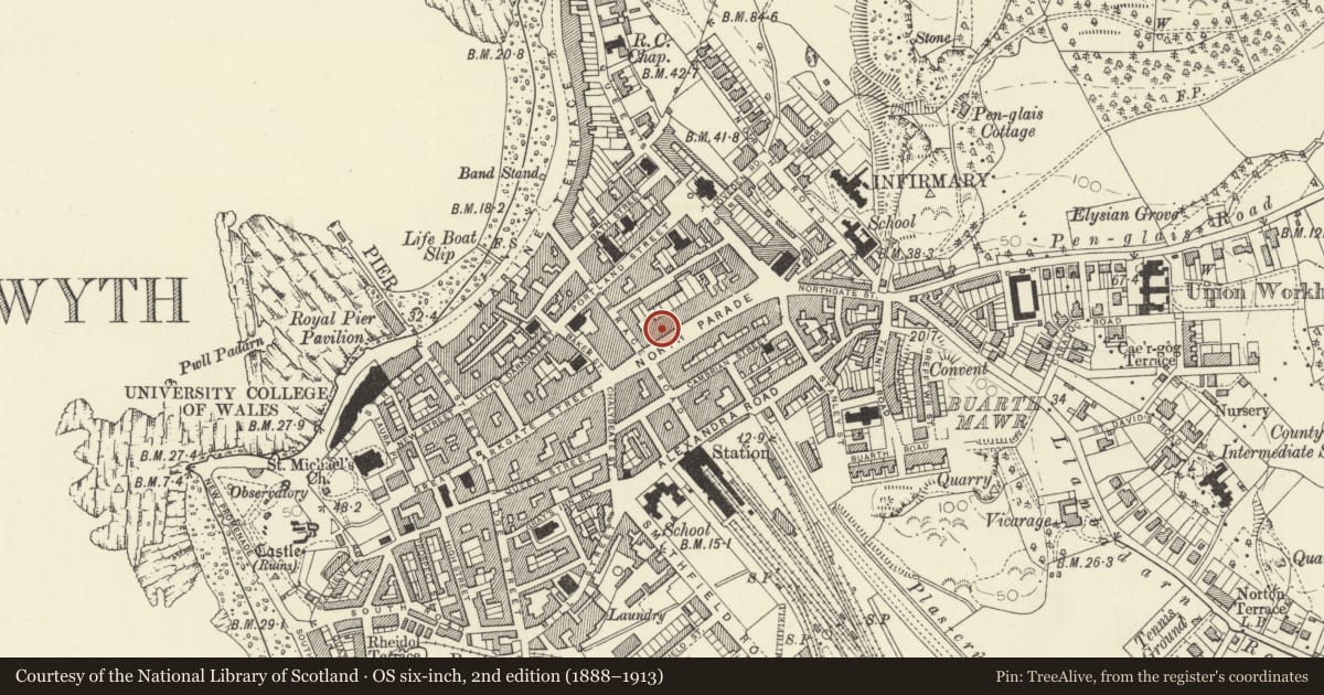 Ordnance Survey six-inch map, 2nd edition (1888–1913) covering the location of 24 North Parade, Aberystwyth, Ceredigion, with a pin at the register's coordinates