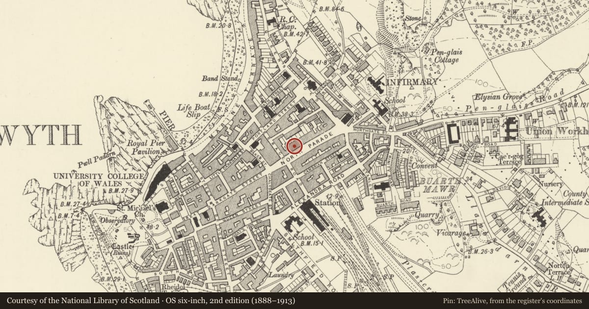 Ordnance Survey six-inch map, 2nd edition (1888–1913) covering the location of 26 North Parade, Aberystwyth, Ceredigion, with a pin at the register's coordinates