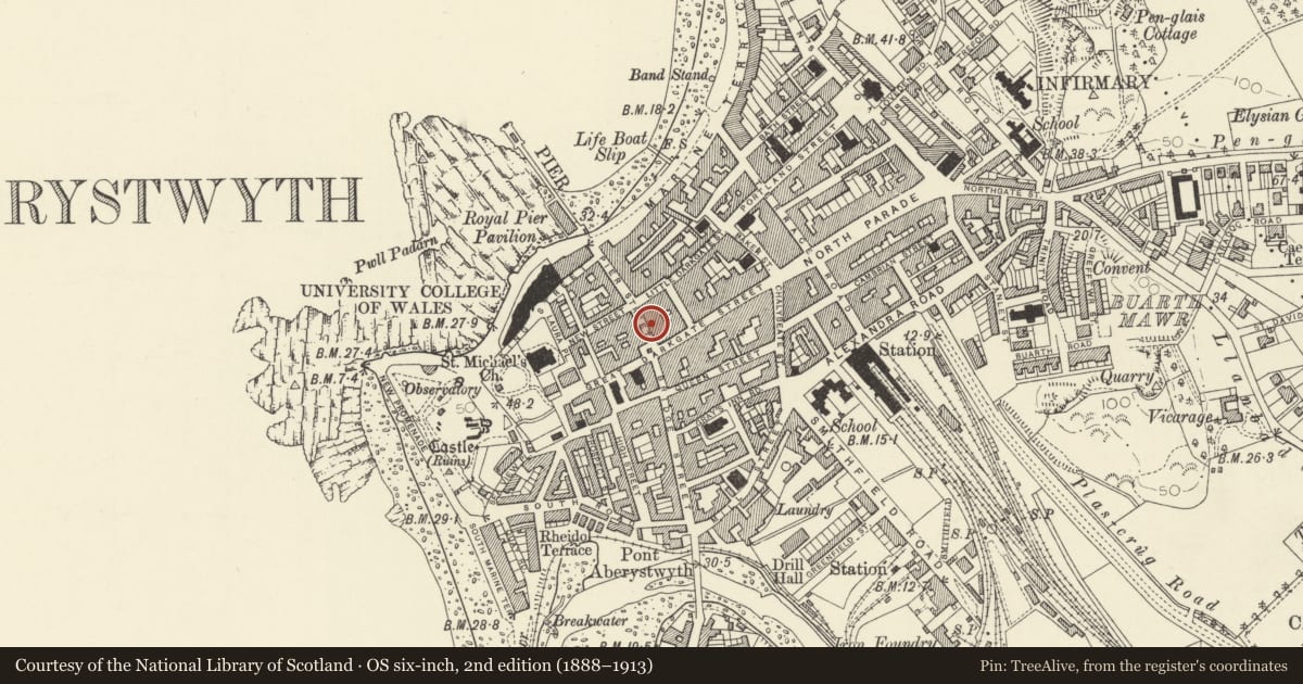 Ordnance Survey six-inch map, 2nd edition (1888–1913) covering the location of Les Jones, Aberystwyth, Ceredigion, with a pin at the register's coordinates