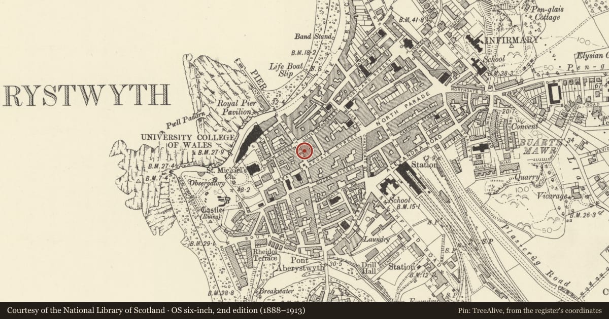 Ordnance Survey six-inch map, 2nd edition (1888–1913) covering the location of Pizza Two Four, Aberystwyth, Ceredigion, with a pin at the register's coordinates