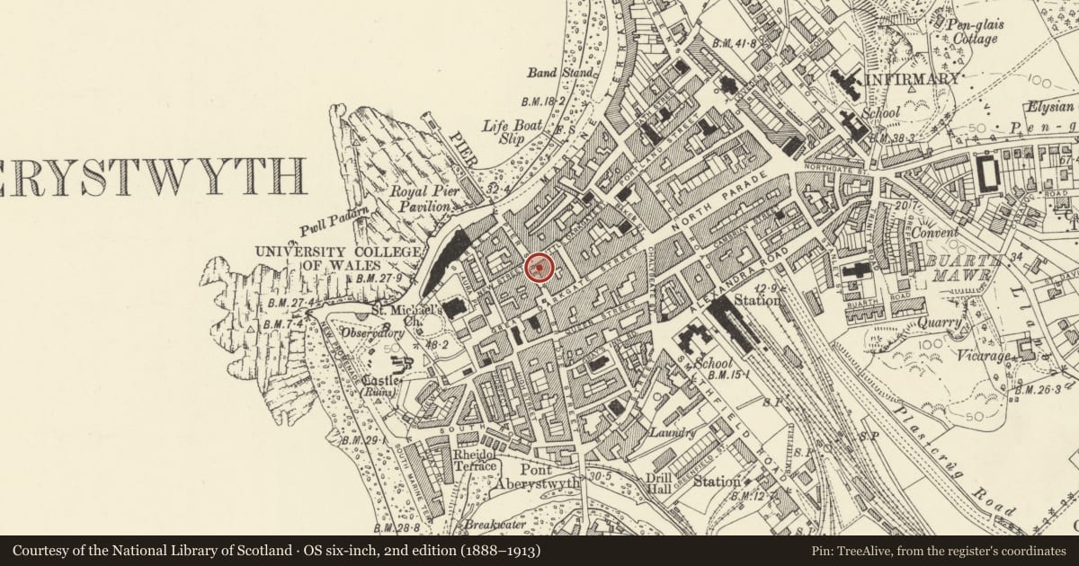 Ordnance Survey six-inch map, 2nd edition (1888–1913) covering the location of The Windsor, Aberystwyth, Ceredigion, with a pin at the register's coordinates