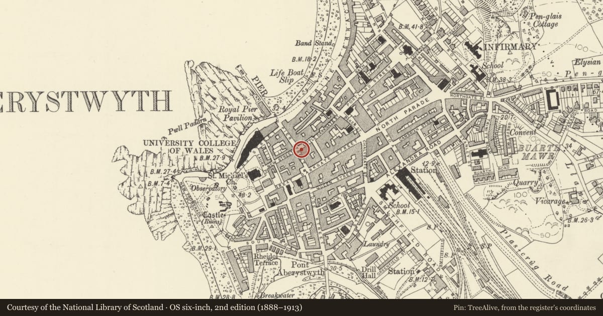 Ordnance Survey six-inch map, 2nd edition (1888–1913) covering the location of The Welsh Cellar, Aberystwyth, Ceredigion, with a pin at the register's coordinates