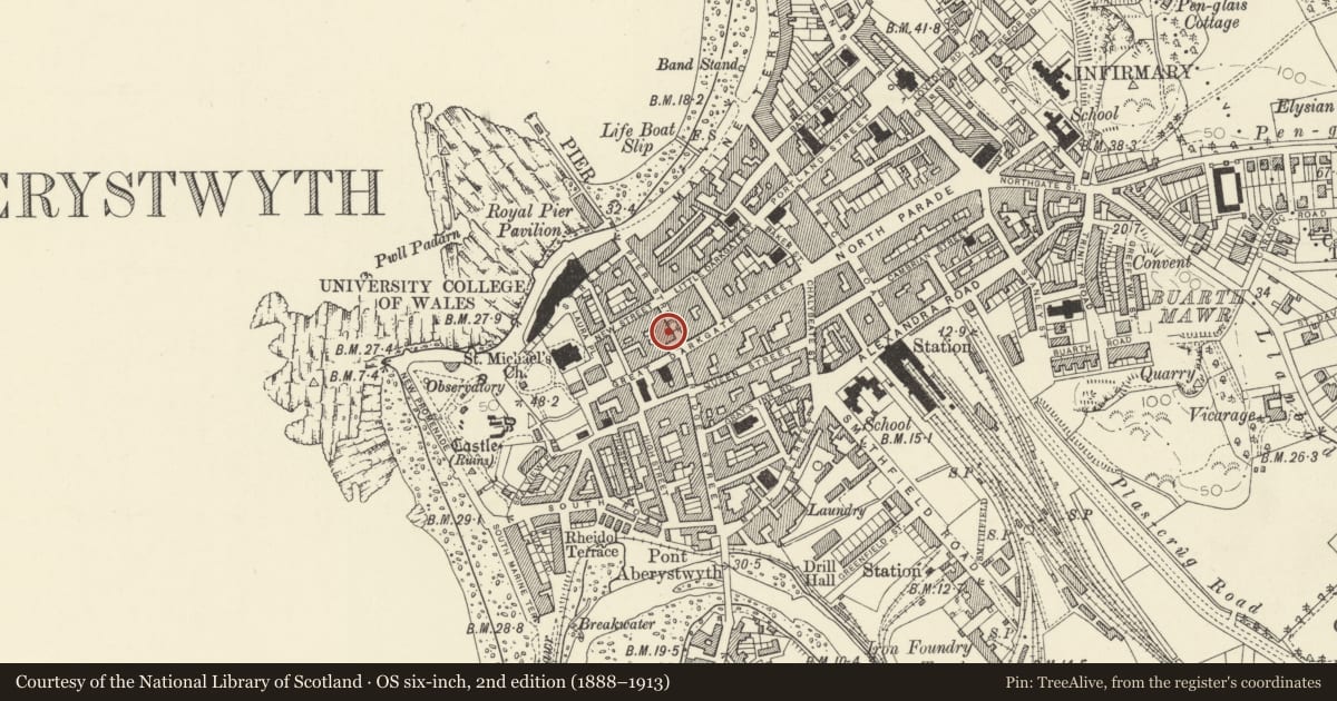 Ordnance Survey six-inch map, 2nd edition (1888–1913) covering the location of Manweb Electricity, Aberystwyth, Ceredigion, with a pin at the register's coordinates