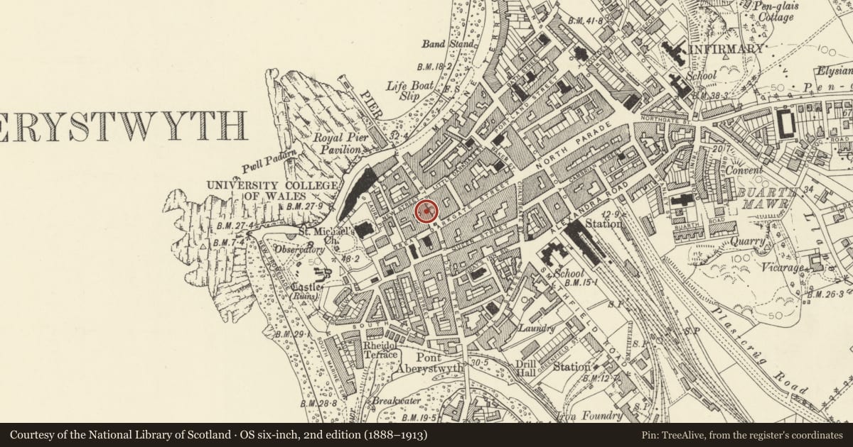 Ordnance Survey six-inch map, 2nd edition (1888–1913) covering the location of Kwik Save, Aberystwyth, Ceredigion, with a pin at the register's coordinates