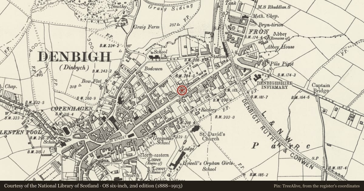 Ordnance Survey six-inch map, 2nd edition (1888–1913) covering the location of Beech House (Doctor's Surgery), Denbigh, Denbighshire, with a pin at the register's coordinates