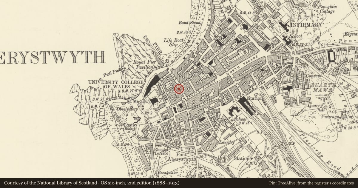 Ordnance Survey six-inch map, 2nd edition (1888–1913) covering the location of 16&18 Pier Street, Aberystwyth, Ceredigion, with a pin at the register's coordinates
