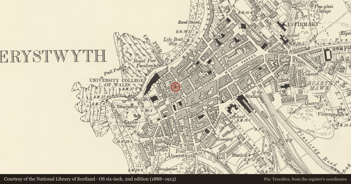 Ordnance Survey six-inch map, 2nd edition (1888–1913) covering the location of 2&4 New Street, Aberystwyth, Ceredigion, with a pin at the register's coordinates