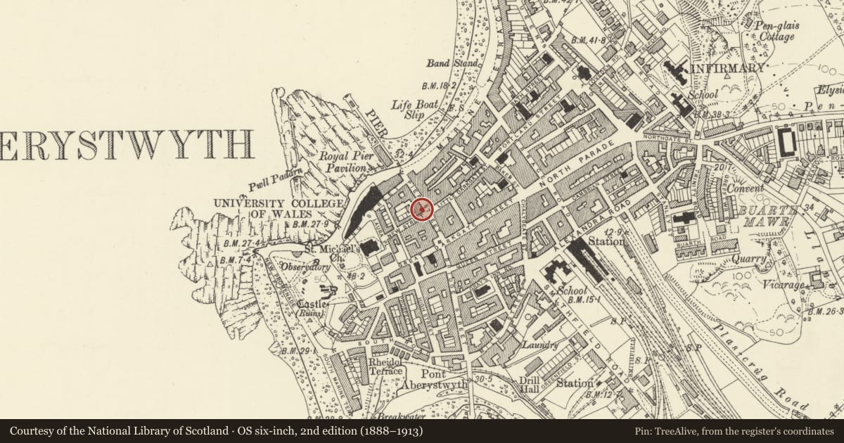 Ordnance Survey six-inch map, 2nd edition (1888–1913) covering the location of Gallery 72, Aberystwyth, Ceredigion, with a pin at the register's coordinates