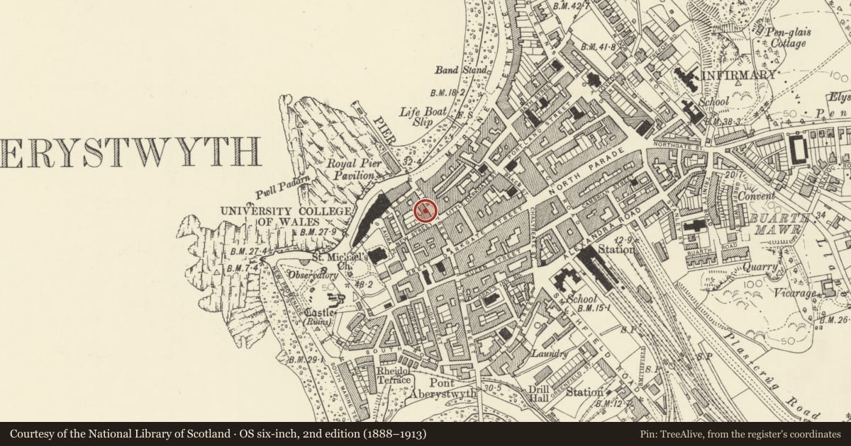 Ordnance Survey six-inch map, 2nd edition (1888–1913) covering the location of Mandarin Chinese Restaurant, Aberystwyth, Ceredigion, with a pin at the register's coordinates