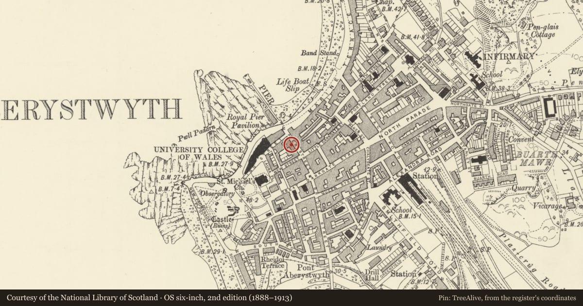 Ordnance Survey six-inch map, 2nd edition (1888–1913) covering the location of County Court Office and Ministry of Agriculture Fisheries & Food, Aberystwyth, Ceredigion, with a pin at the register's coordinates