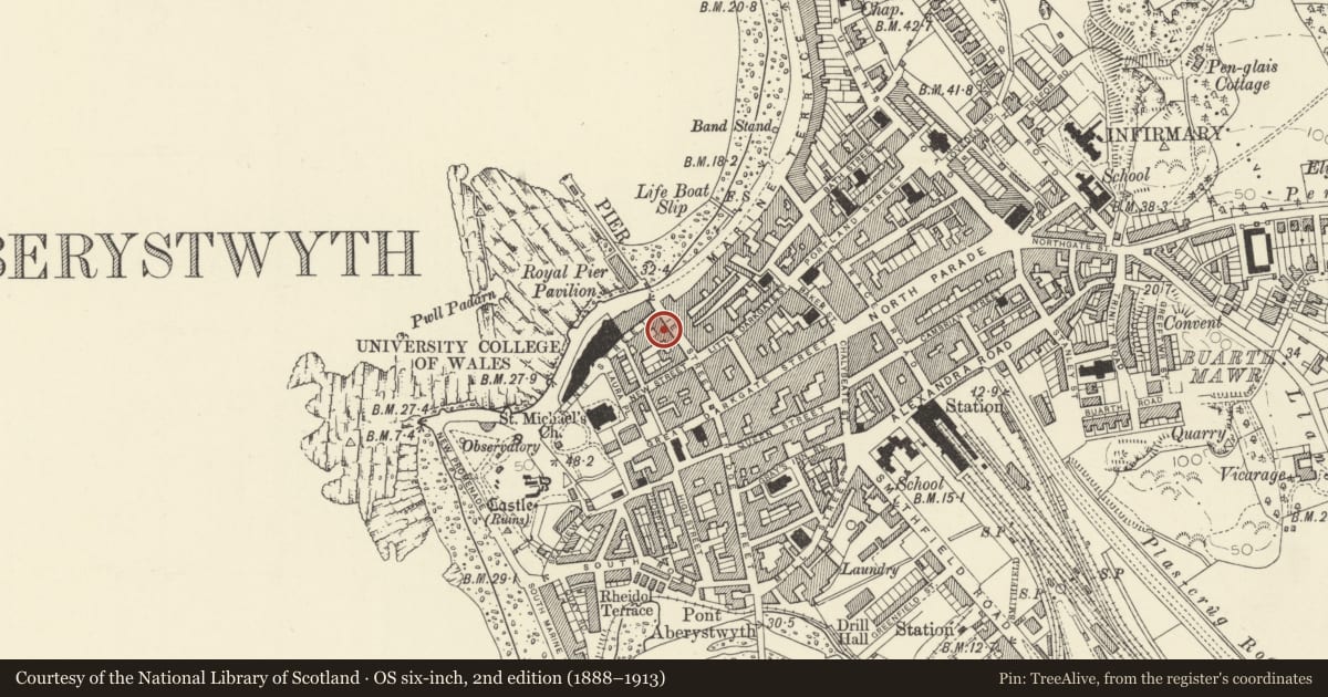 Ordnance Survey six-inch map, 2nd edition (1888–1913) covering the location of Y Graig, Aberystwyth, Ceredigion, with a pin at the register's coordinates