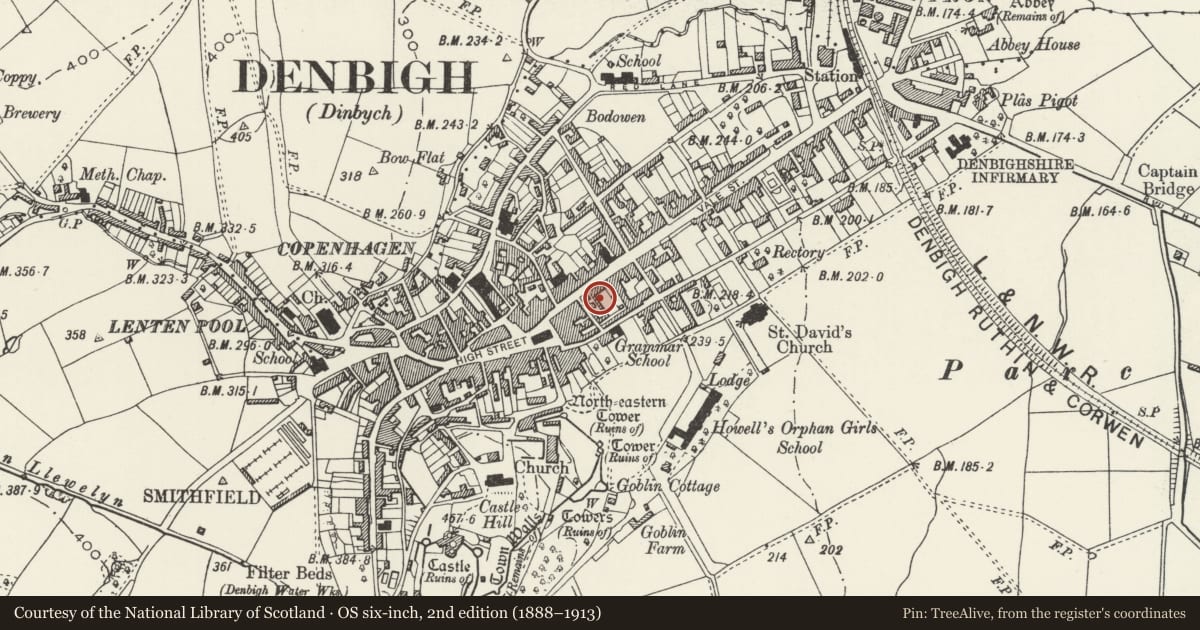 Ordnance Survey six-inch map, 2nd edition (1888–1913) covering the location of E C Snaith and Sons (Tailors), Denbigh, Denbighshire, with a pin at the register's coordinates