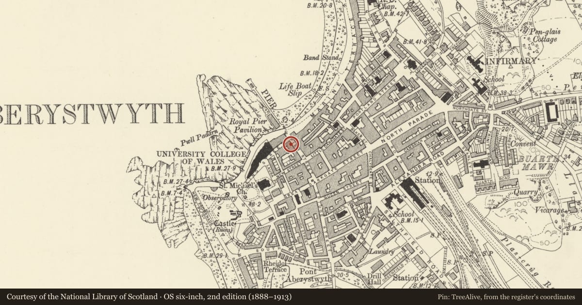 Ordnance Survey six-inch map, 2nd edition (1888–1913) covering the location of 36 Pier Street, Aberystwyth, Ceredigion, with a pin at the register's coordinates