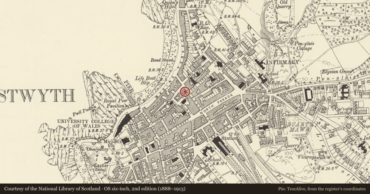 Ordnance Survey six-inch map, 2nd edition (1888–1913) covering the location of White Horse Hotel, Aberystwyth, Ceredigion, with a pin at the register's coordinates