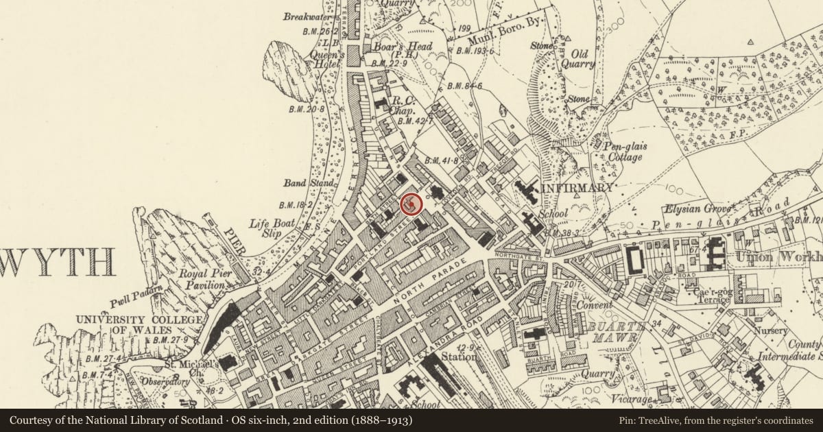 Ordnance Survey six-inch map, 2nd edition (1888–1913) covering the location of 56 Portland Street, Aberystwyth, Ceredigion, with a pin at the register's coordinates