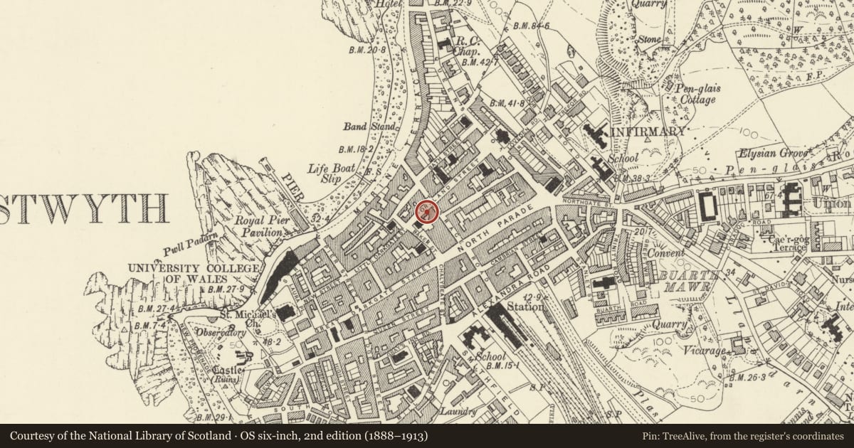 Ordnance Survey six-inch map, 2nd edition (1888–1913) covering the location of 5 Portland Street, Aberystwyth, Ceredigion, with a pin at the register's coordinates