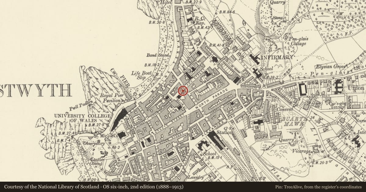 Ordnance Survey six-inch map, 2nd edition (1888–1913) covering the location of Cerdd Ystwyth Music, Aberystwyth, Ceredigion, with a pin at the register's coordinates