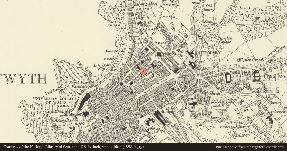Ordnance Survey six-inch map, 2nd edition (1888–1913) covering the location of Morris & Bates Solicitors, Aberystwyth, Ceredigion, with a pin at the register's coordinates
