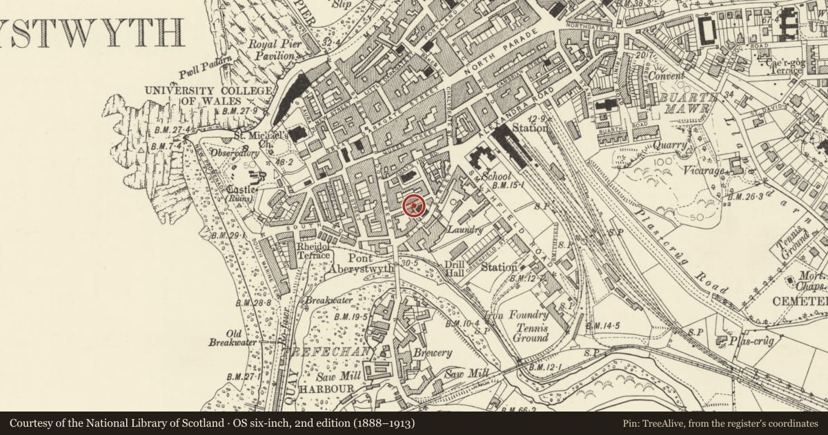 Ordnance Survey six-inch map, 2nd edition (1888–1913) covering the location of War Memorial on Powell Street, Aberystwyth, Ceredigion, with a pin at the register's coordinates