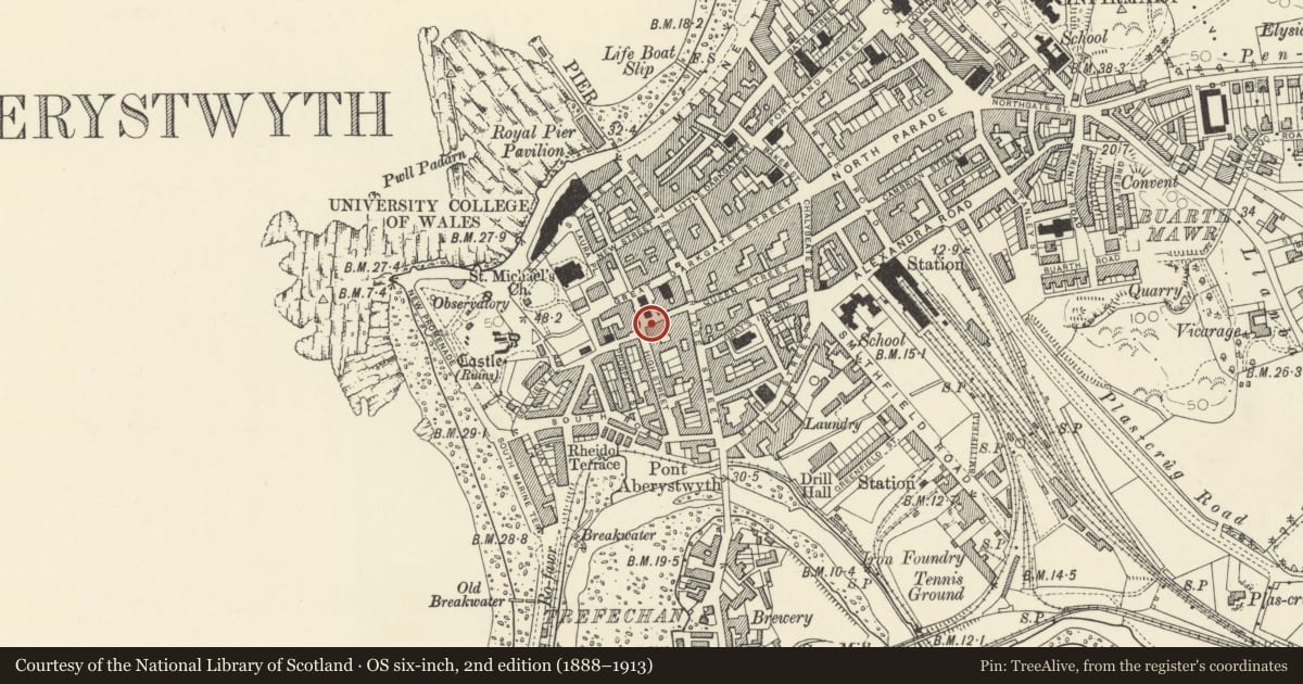 Ordnance Survey six-inch map, 2nd edition (1888–1913) covering the location of 14 Princess Street, Aberystwyth, Ceredigion, with a pin at the register's coordinates
