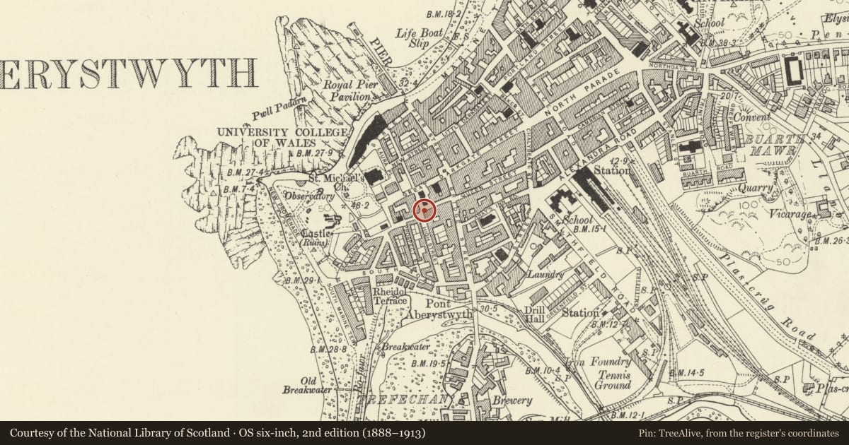 Ordnance Survey six-inch map, 2nd edition (1888–1913) covering the location of 16 Princess Street, Aberystwyth, Ceredigion, with a pin at the register's coordinates