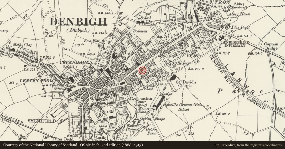 Ordnance Survey six-inch map, 2nd edition (1888–1913) covering the location of Former Heaton Town House (currently premises of Whiteheads Blinds and Happy Homes Furniture), Denbigh, Denbighshire, with a pin at the register's coordinates
